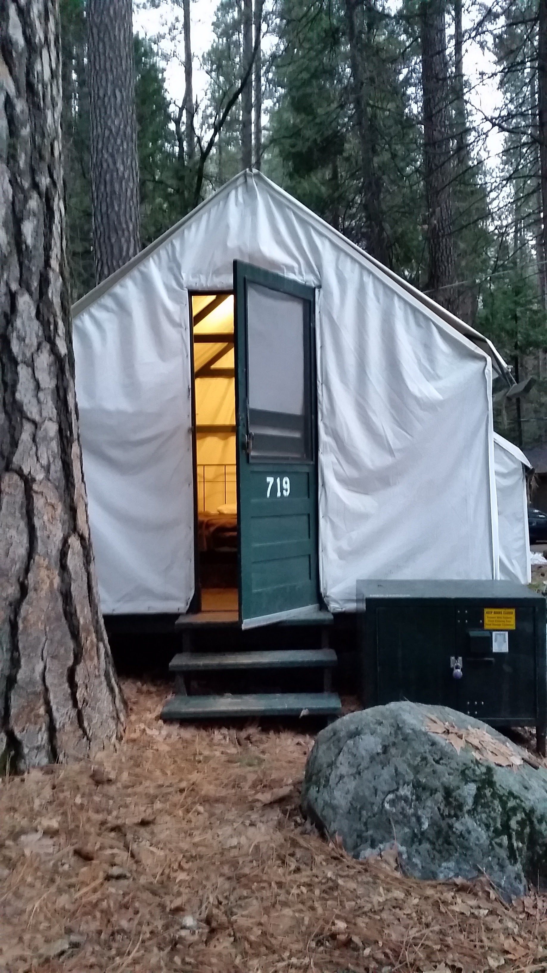 A canvas tent available to reserve at Half Dome Village in Yosemite National Park in California
