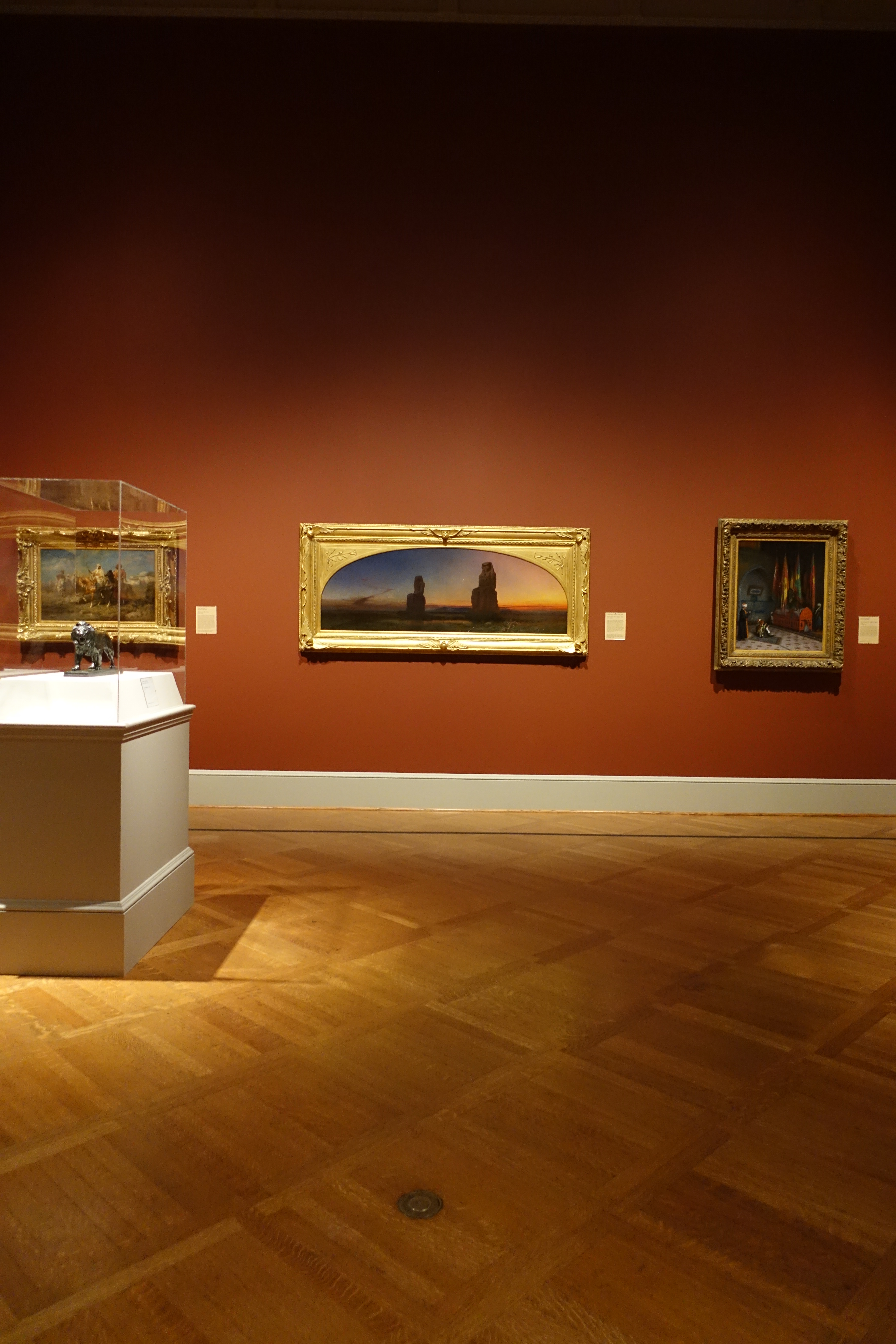 The St. Louis Art Museum on a peaceful day.  Beautiful sunset artwork in a bold gold frame. 