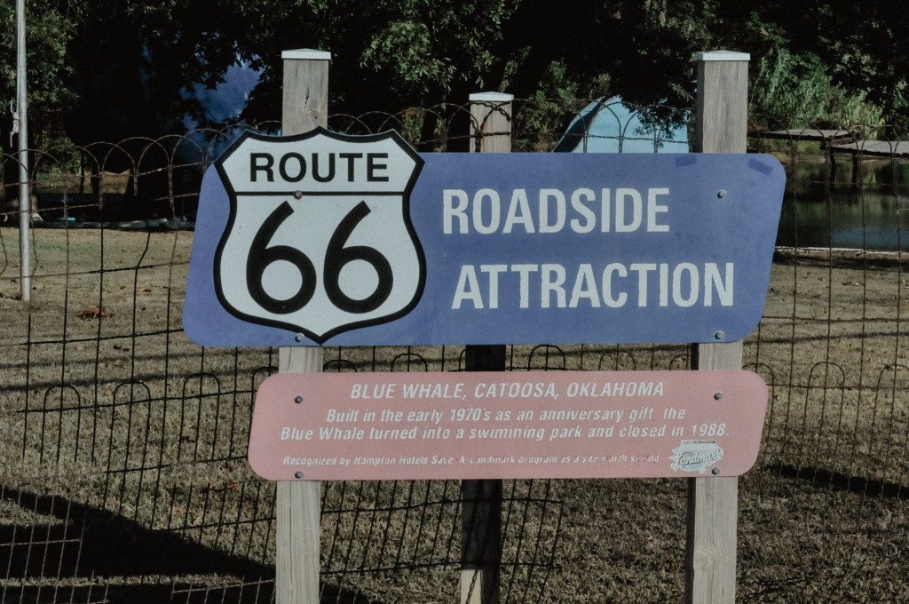 Roadside attraction sign at the Catoosa Blue Whale outside of Tulsa Oklahoma